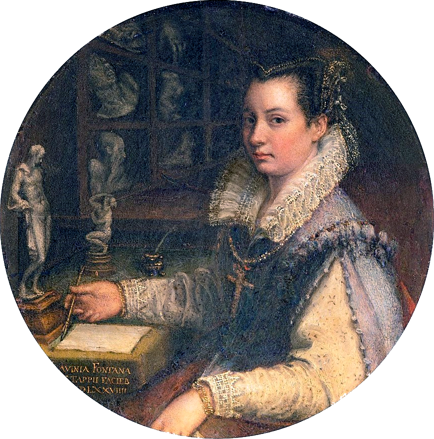 In this round self-portrait, the artist is shown seated, at half-length, looking directly at the viewer. She wears a sixteenth-century gown with a large lace collar and an embellished cross necklace. She is holding a pen in her right hand, poised over a blank sheet of paper. There are sculptural models on shelves behind her and she is identified by a gold inscription. 