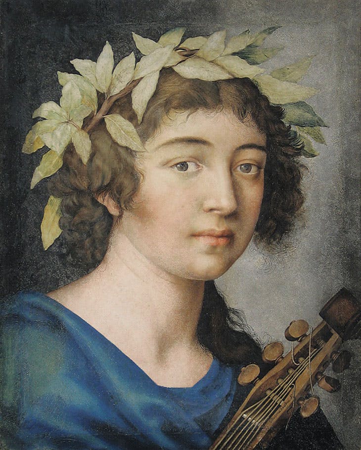 A bust-length portrait of a man wearing a laurel crown and holding a stringed instrument, of which just the head and pegs are visible. The boy wears a blue robe draped across his shoulders and he looks out at the viewer directly, with a neutral expression. His curly brown hair wraps around the back of his head and down on one shoulder. 