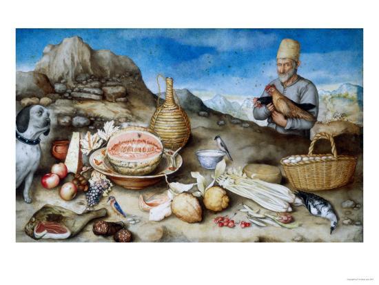 A strange painting, with a man who is very large compared to the settling. He is standing in a mountain range and the viewer only sees his top half. On the ground in front of him are various items, including apples, a watermelon, baskets, ham, cherries, and a lemon. There is a gray dog in the left side of the composition, looking at the man. The man wears a tall tan hat and holds two chickens. 