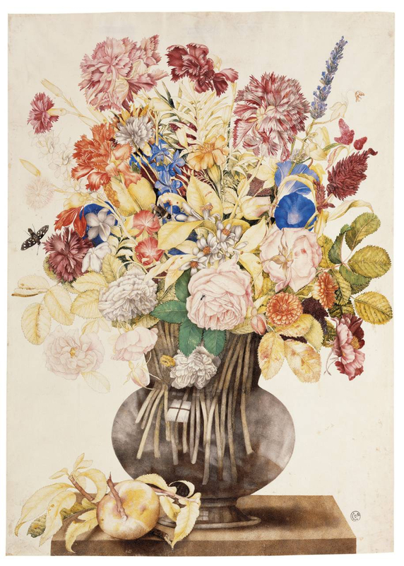 A glass vase on a table, overflowing with an extravagant floral arrangement. The flowers are colorful and fill the whole top half of the composition. There are some insects in and around the flowers and a piece of fruit, perhaps a lemon, on the table.