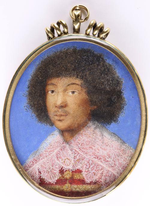 An oval, portrait miniature of a Black man, set against a bright blue background. He wears a red jacket embellished with gold braids and a lace color. He has a faint mustache and wears his curly hair grown out around his head. He looks out just past the viewer with a neutral expression.