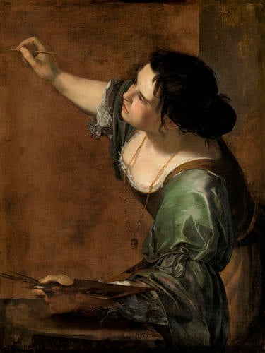 A half-length image of a woman, holding a palette in one hand and a brush in another. She turns half away from the viewer, reaching to touch her brush to unseen canvas. She wears a dress with green sleeves and a pendant on a long gold chain around her neck. Her dark hair is pulled back away from her face, and she appears to be unaware of the viewer. The background is neutral, with no clear sense of setting. 