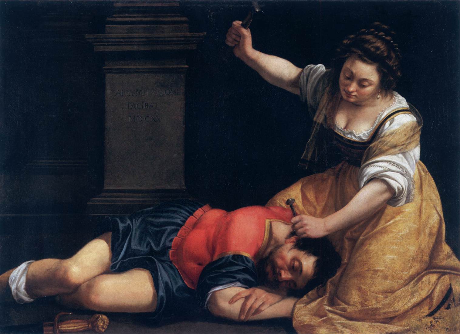 A man lays sleeping on his side, his head rests in his arms. A young woman kneels over him, with a tent peg held to his temple with her left hand. In her right arm, she holds a hammer up high, poised to smash onto the peg and into his skull, killing him. They are dressed in classical costumes and an inscription on the column in the background identifies the artist. The woman seems unaware of the viewer and seems calm, at peace with the violence that is to follow.