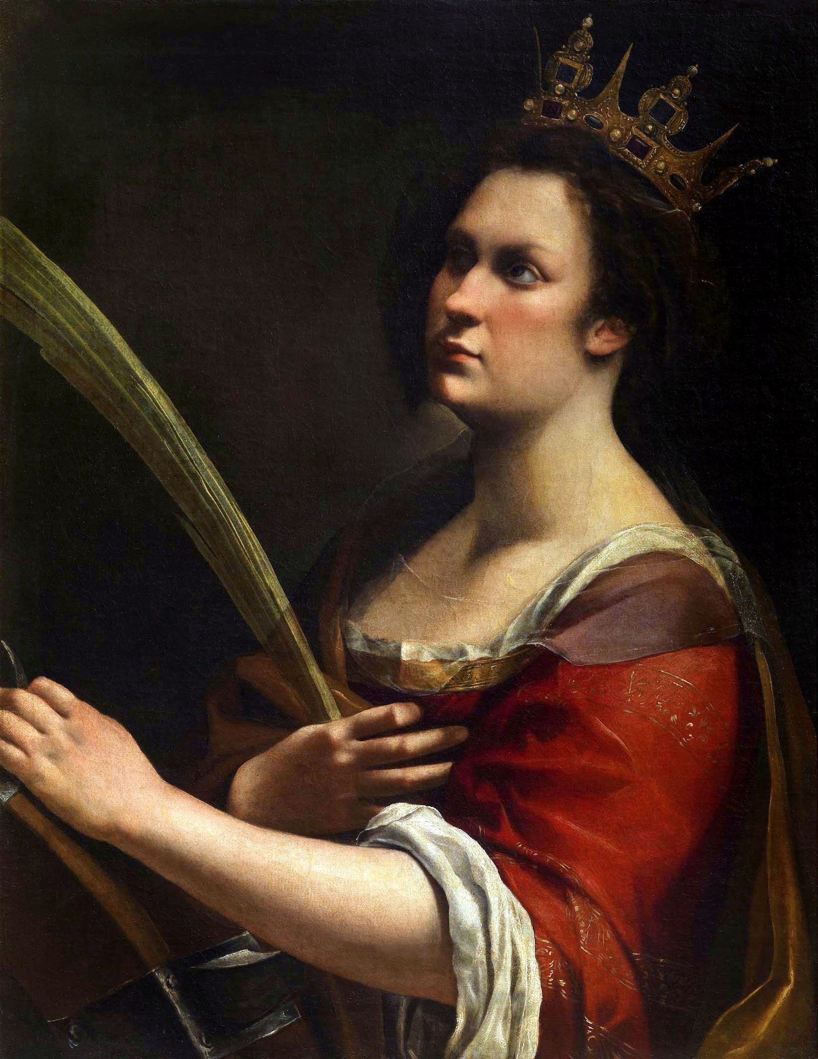 The artist presents herself as Saint Catherine of Alexandria, wearing a red gown with gold embellishments and an ornate gold crown. She appears in half-length, slightly turned and looking away from the viewer. In one hand she holds the martyr’s palm frond and in the other, a broken spiked wheel that symbolizes her martyrdom. 