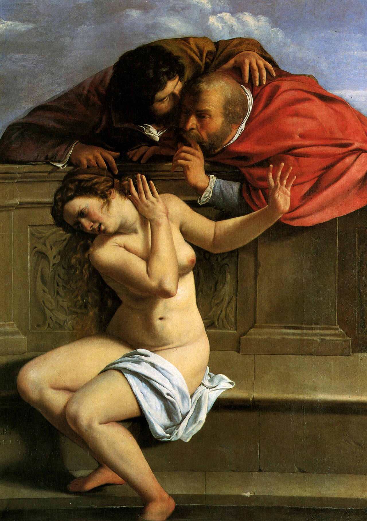 A nude woman sits on a bench, with just a white cloth draped around one thigh. Behind the bench, two men lean over the edge to spy on and harass her. One man whispers into the others ear as though they are conspiring. The young woman recoils, her body twisted in distress with both of her hands up as though she is trying to get away from them. 