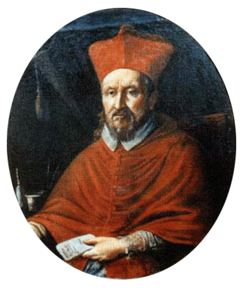 An oval, half-length portrait of a cardinal in red robes with a red hat. He is seated and holds papers in his left hand. He appears to be middle aged and looks out directly at the viewer with a serious expression.