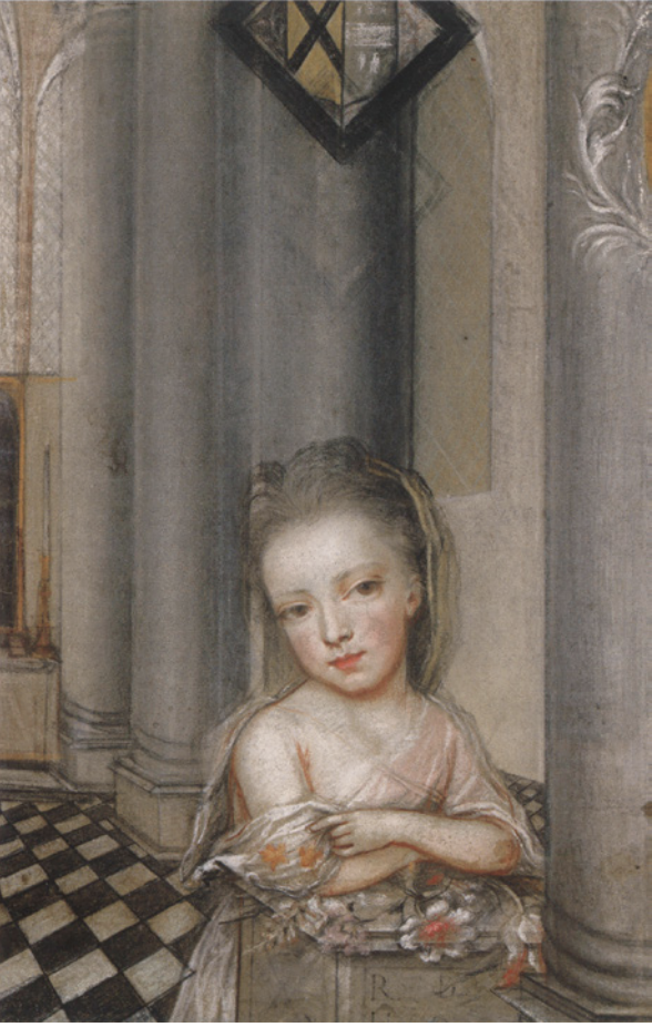 A young girl is pictured at half-length, standing in a church. She leans on a pedestal of some kind, with her arms crossed. She looks out at the viewer with a slight, serene smile. She wears a pink gown, and a veil partially covers her hair.