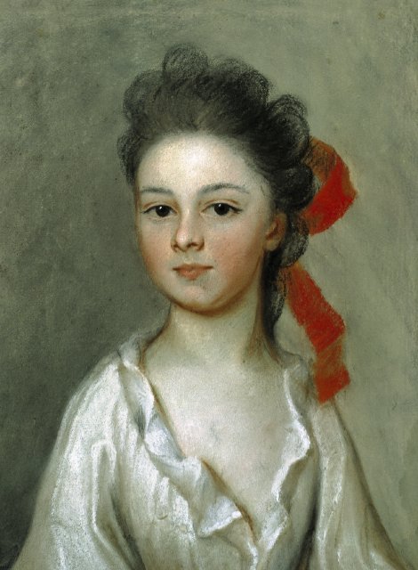 A bust-length portrait of a young girl wearing a white chemise. She looks out with assured confidence. Her dark hair is piled on her head and tied back with a bright red ribbon, which brings out the blush in her cheeks. 