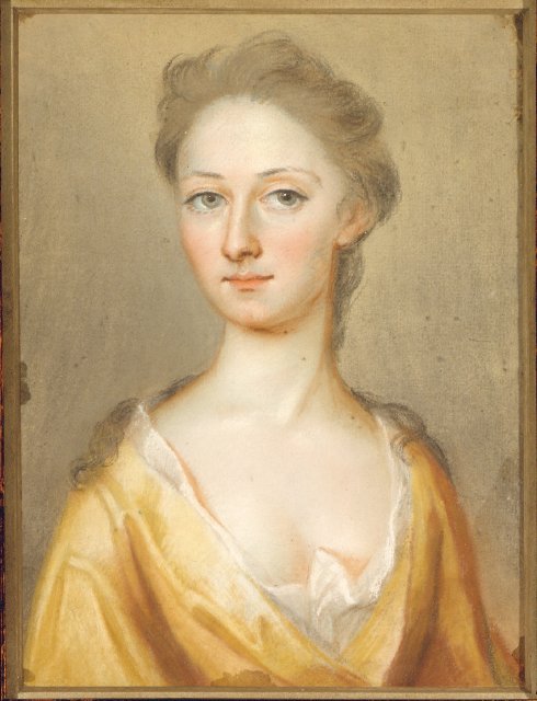 A bust-length portrait of a young woman in a marigold gown, with a white chemise beneath. Her hair is pulled back from her face and falls around her shoulders. She looks out at the viewer with a neutral expression. 