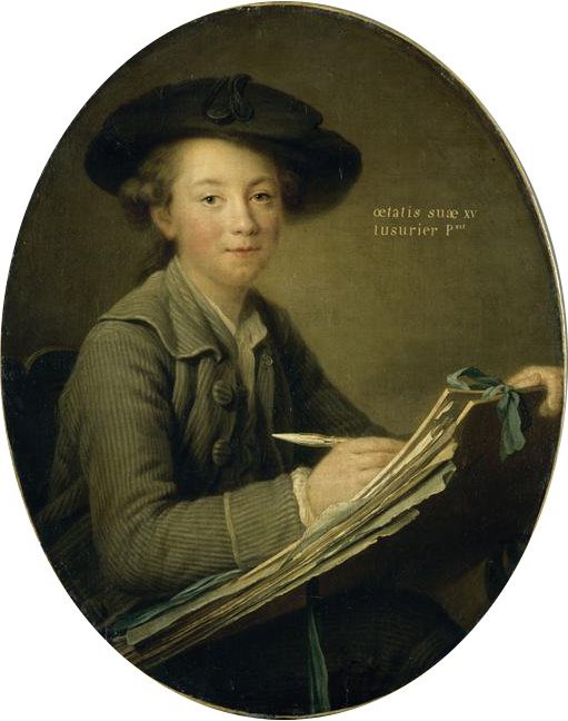 An oval portrait of a young man, who looks directly out at the viewer with a slight smile. He wears a striped overcoat with a large collar and large buttons, and a soft black hat. He is holding a stack of papers and boards tied at the top with a blue ribbon and a pen, which he fixes to the paper as he either writes or draws. 