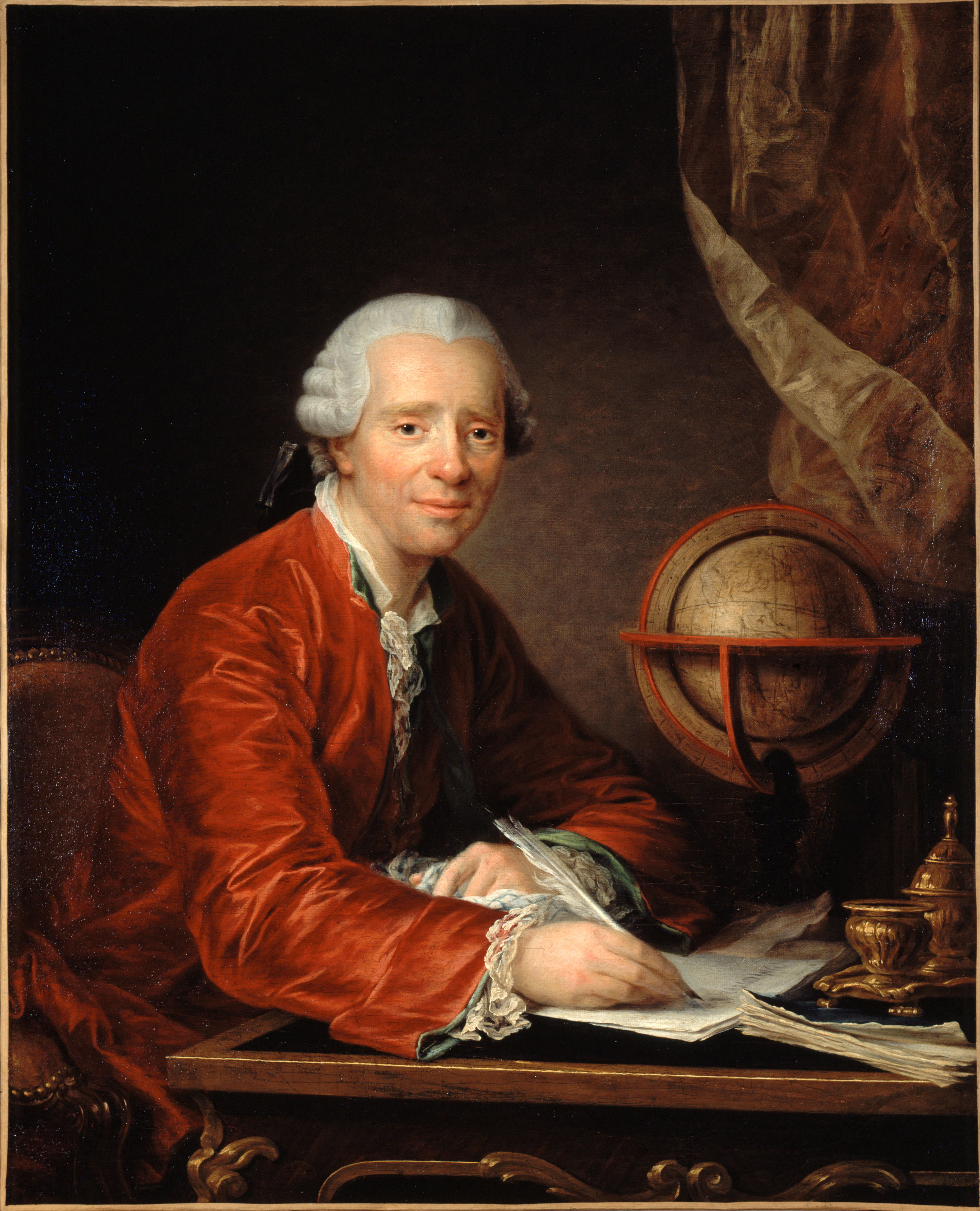 A portrait of a man seated at a desk, looking out directly at the viewer with a slight smile. He is finely dressed and sits in an nicely appointed eighteenth-century interior, with a globe on his desk as well as other gold ornaments. He holds a feathered quill and puts it to paper, as though he has just been caught in a moment of composition. 