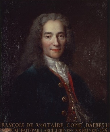 A half-length portrait of a man, who wears eighteenth-century clothing consisting of a blue overcoat, a red vest, and a white shirt. His gray, curly hair falls loose to his shoulders. He looks out directly at the viewer with a slight smile. An inscription on the bottom edge of the portrait identifies the sitter. 