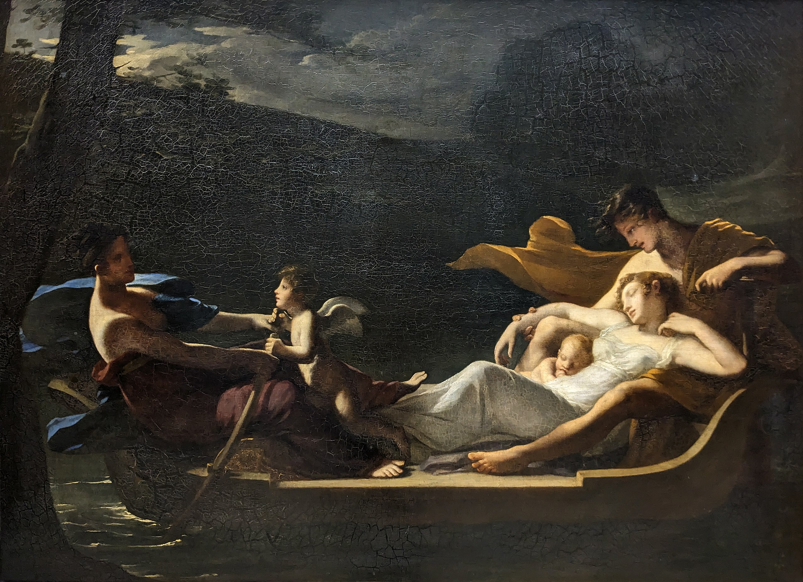 Five figures are on a boat. The figure on the left rows the boat, with an angel helping pull the oars. On the right side of the boat, a woman in a white gown sleeps, leaning back into a robed figure. A baby or angel is tucked next to her, also sleeping. The light is low, as though it is evening or early morning. 