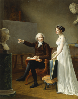 A young woman stands in a white gown alongside an older man who is seated and points at a marble bust on a pedestal. She is reaching into a portfolio to pull out a sheet or sheets of paper. There is a blank canvas on the easel behind them as well as other marble or plaster models. 