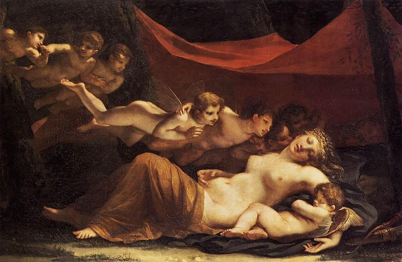 A nude young woman lies sleeping, with a marigold cloth wrapped around her legs. She cradles a sleeping putto in her left arm while no fewer than seven putti surround the two sleeping figures. 
