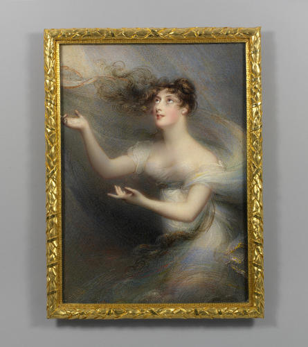 A rectangular portrait miniature of a young woman surrounded in a diaphanous swirl of fabric. Her curly hair is loose on our side and floats around as if there is wind. She looks up to the upper left corner of the composition with both her hands raised.