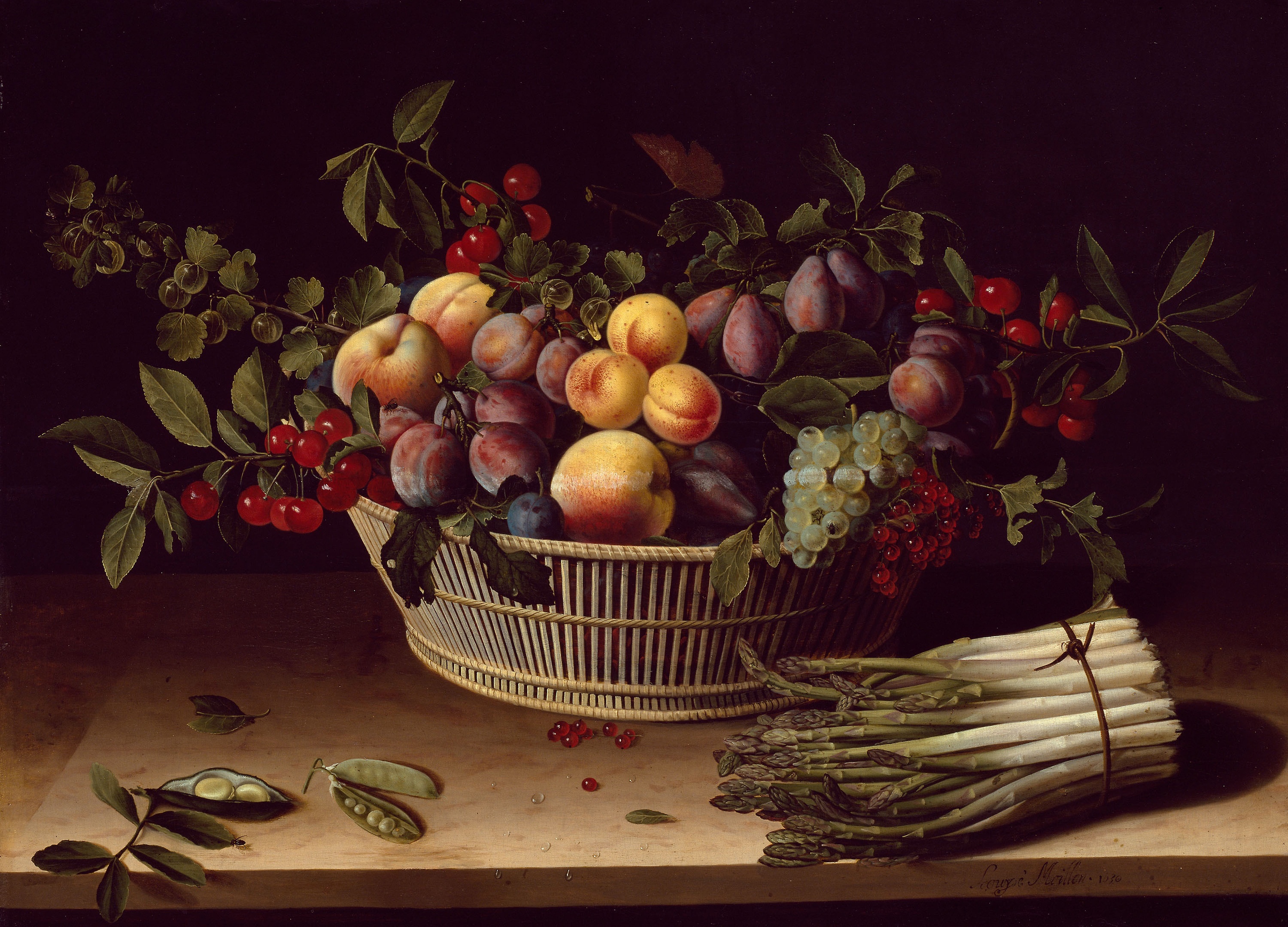 A still-life painting of a bowl of fruit on a table, with a large bunch of asparagus tied with a brown cord on the right hand side. The bowl of fruit is lush, filled with peaches, plums, grapes, cherries, and nectarines, as well as some green foliage. It rests on a simple wood table, set against a black background.