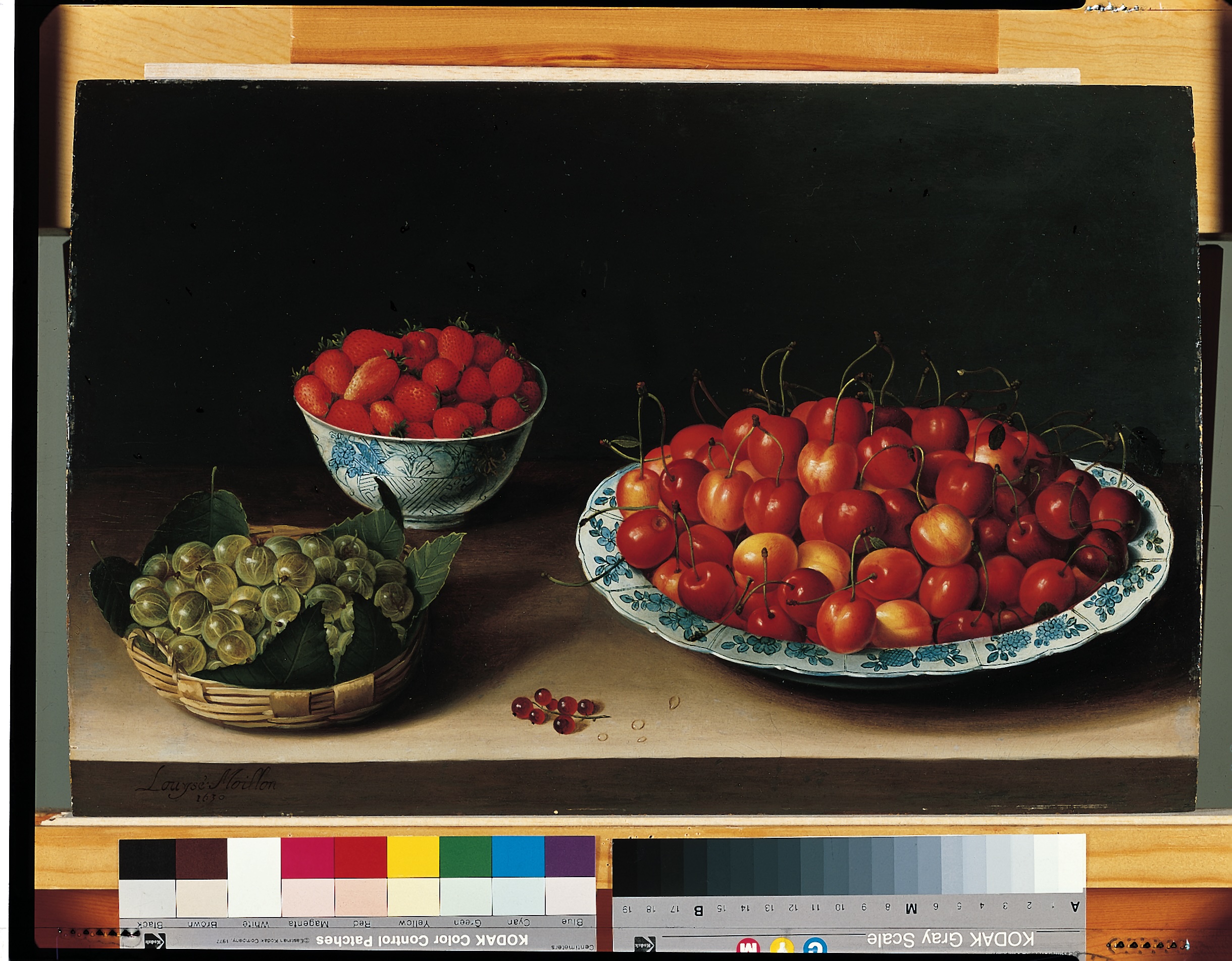 A still life painting of three bowls on a table: one is woven shallow bowl filled with gooseberries resting on a bed of leaves; another is blue and white porcelain bowl filled with strawberries; and the third is a blue and white porcelain platter filled with cherries. On the table, there are a couple loose berries and a few drops of water. The table is quite simple and the background is black.