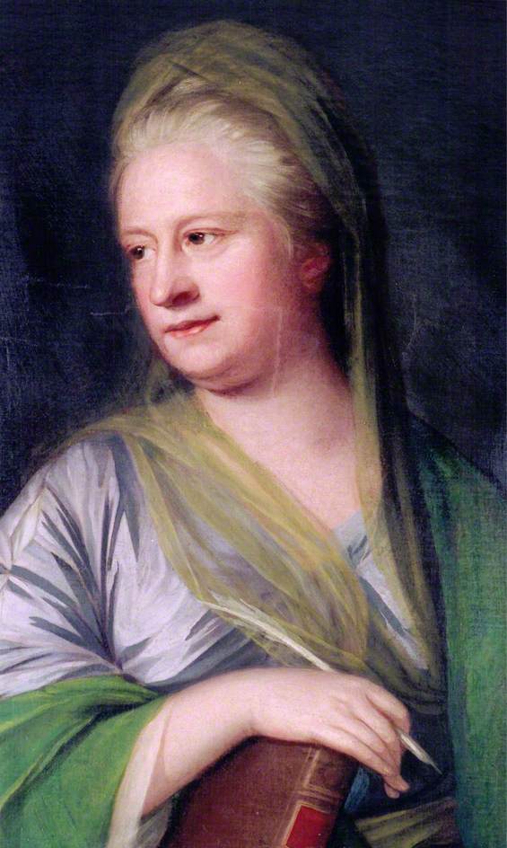 A bust-length portrait of a middle-aged woman, looking down and to the left. She is wearing a gray dress with a green shawl draped around her shoulders and a sheer scarf in her hair. She is holding a quill in her right hand, and she rests that hand on a book. 