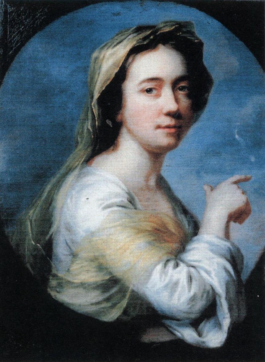 An oval portrait of the artist against a blue background, with her right hand lifting as though she is pointing. Her elbow and sleeve extend beyond the frame of the portrait. She wears a white dress with a sheer cream scarf covering part of her hair and draped around her shoulder. She looks directly at the viewer with a faint smile, her lips slightly parted.