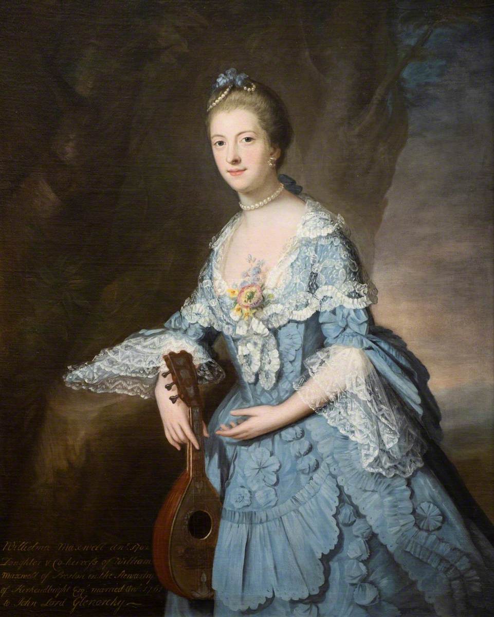 A three-quarters length portrait of a woman holding a stringed instrument, like a small guitar. She is wearing a very elaborate blue dress with white lace trim and a spray of flowers at her bust. She wears a large string of pearls at her neck and another string of pearls adorns her hair, as does a blue bow. She looks directly at the viewer with a slight smile.