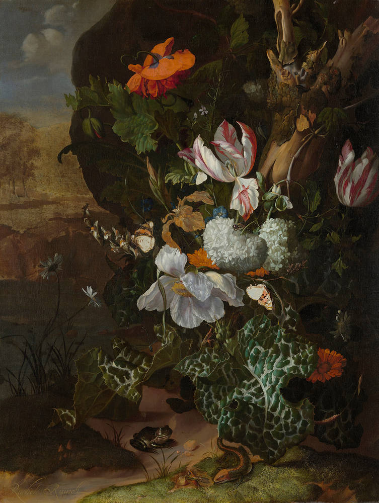 A floral still life that is integrated into a landscape setting, with the arrangement of flowers seeming to emanate from a tree trunk. There are some flowers growing from the ground, as well. A snake and frog are visible at the bottom of the composition and in the background, there is a rocky formation, a tree, and a blue sky with clouds.