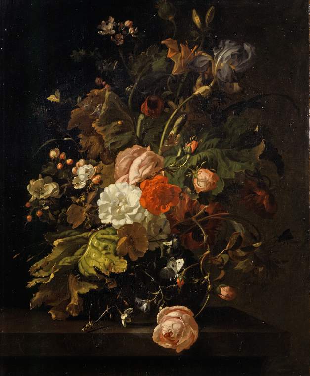 A floral still life set against a dark, neutral background, with the arrangement sitting on a ledge. The flowers are wild and not arranged carefully, but a certain harmony is achieved. The colors are varied but somewhat muted and some of the flowers are cast in shadow. 