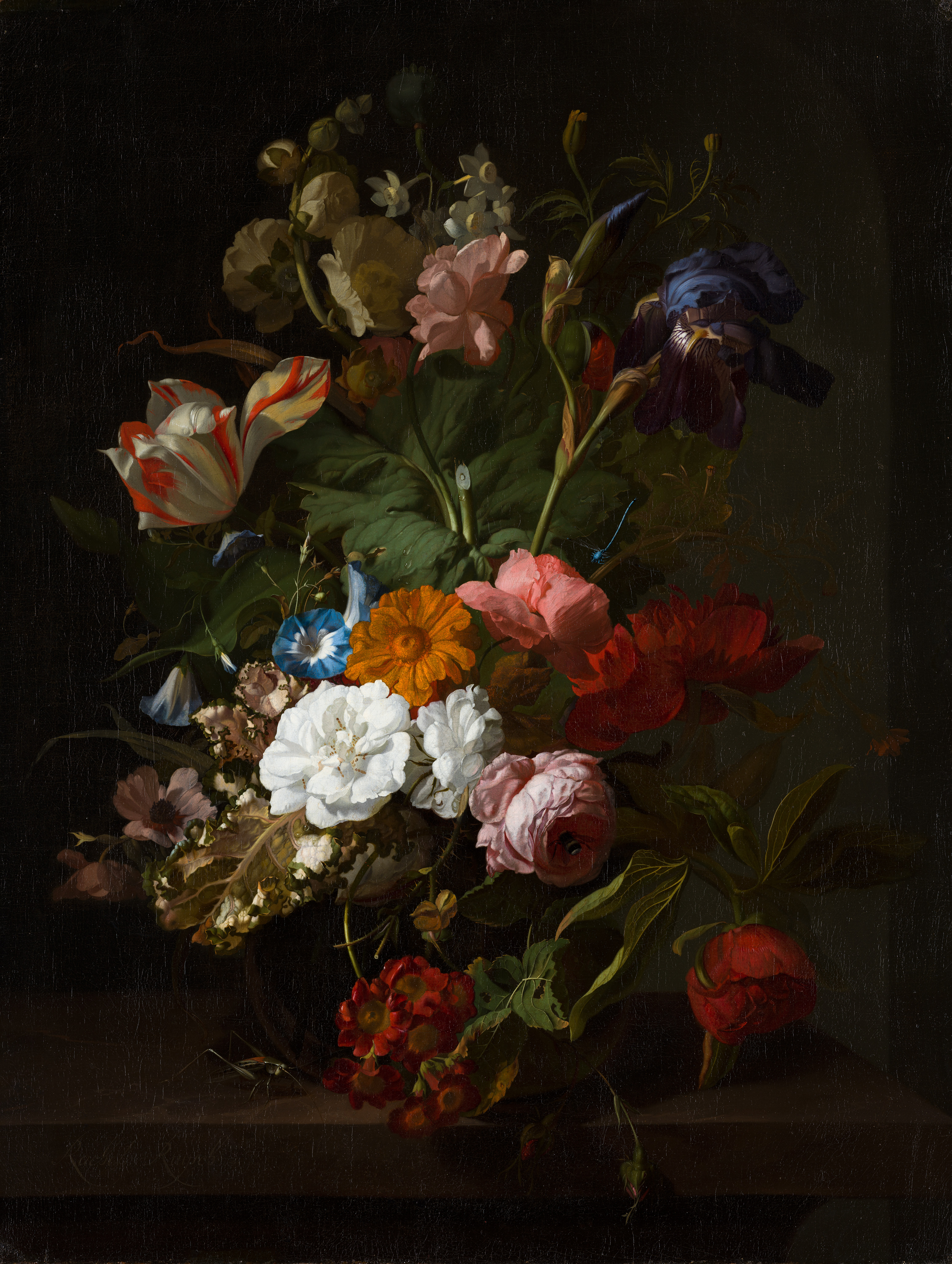 A vibrant, unstructured floral still life set against a dark background. The arrangement is resting on a ledge and the flowers include tulips and roses, as well as others. There is an insect, perhaps a grasshopper, sitting on the table alongside the arrangement.