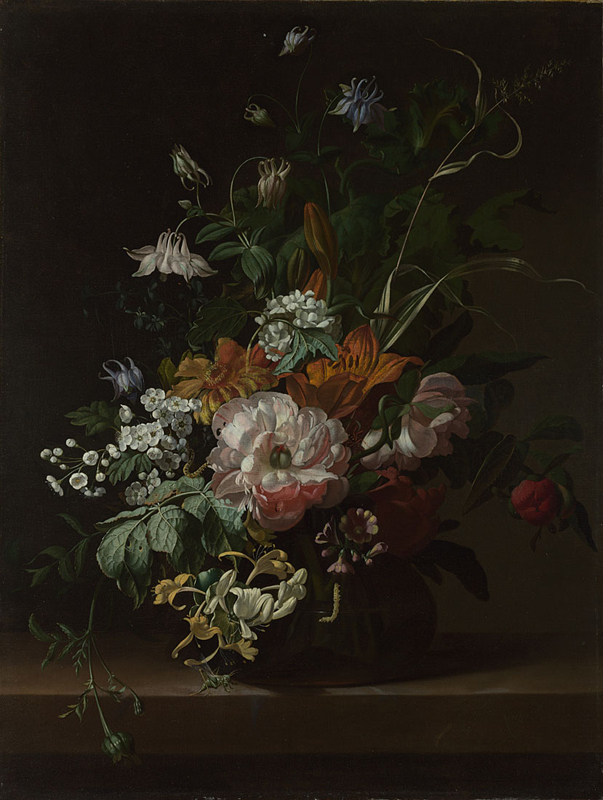 A floral still life with fairly muted colors. The arrangement is centered on a table or ledge and appears in front of a dark background. There are orange, pink, blue, and white flowers, as well as green foliage. The arrangement is tall and fills the top three quarters of the composition.