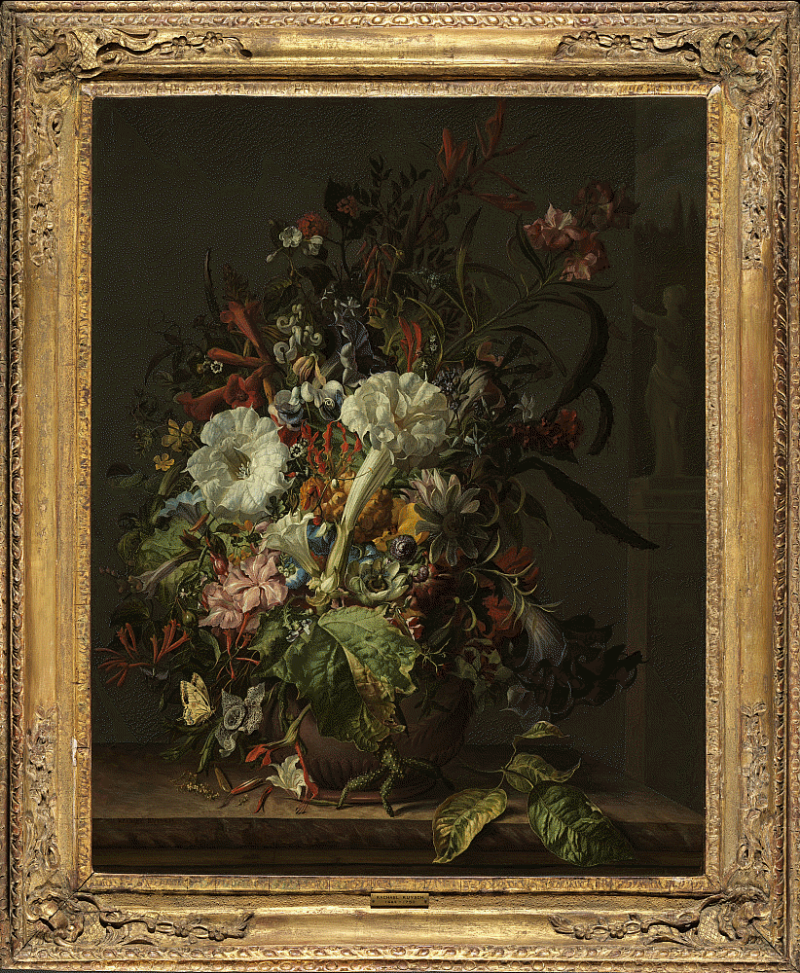 A floral still life in a gold frame. The colors are fairly muted, and the arrangement is wild, overflowing with flowers and leaves resting on the table. In the background, a small classical sculpture of a woman is visible on the right edge of the canvas.