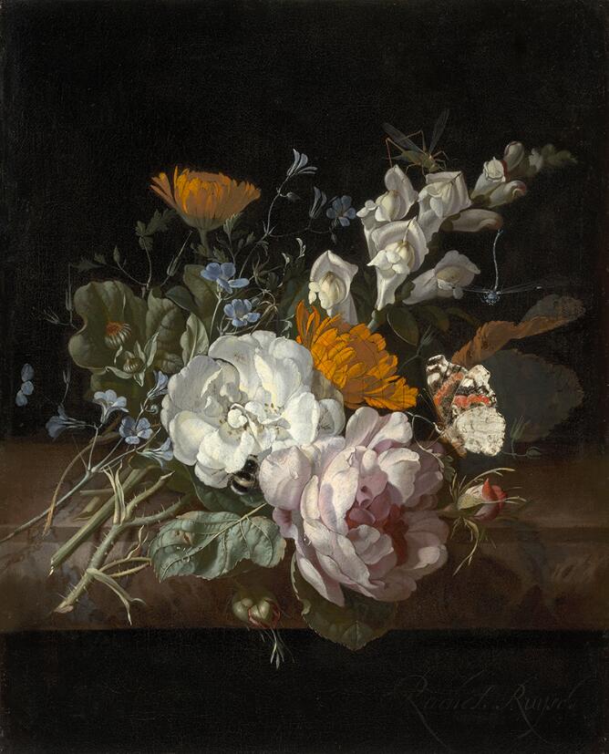A floral still life of fewer than a dozen flowers resting on a table, with no vase. The background is a neutral, dark color. The flowers are orange, white, blue, and pink. The artist’s signature is quite large, visible in the bottom right corner of the composition. 