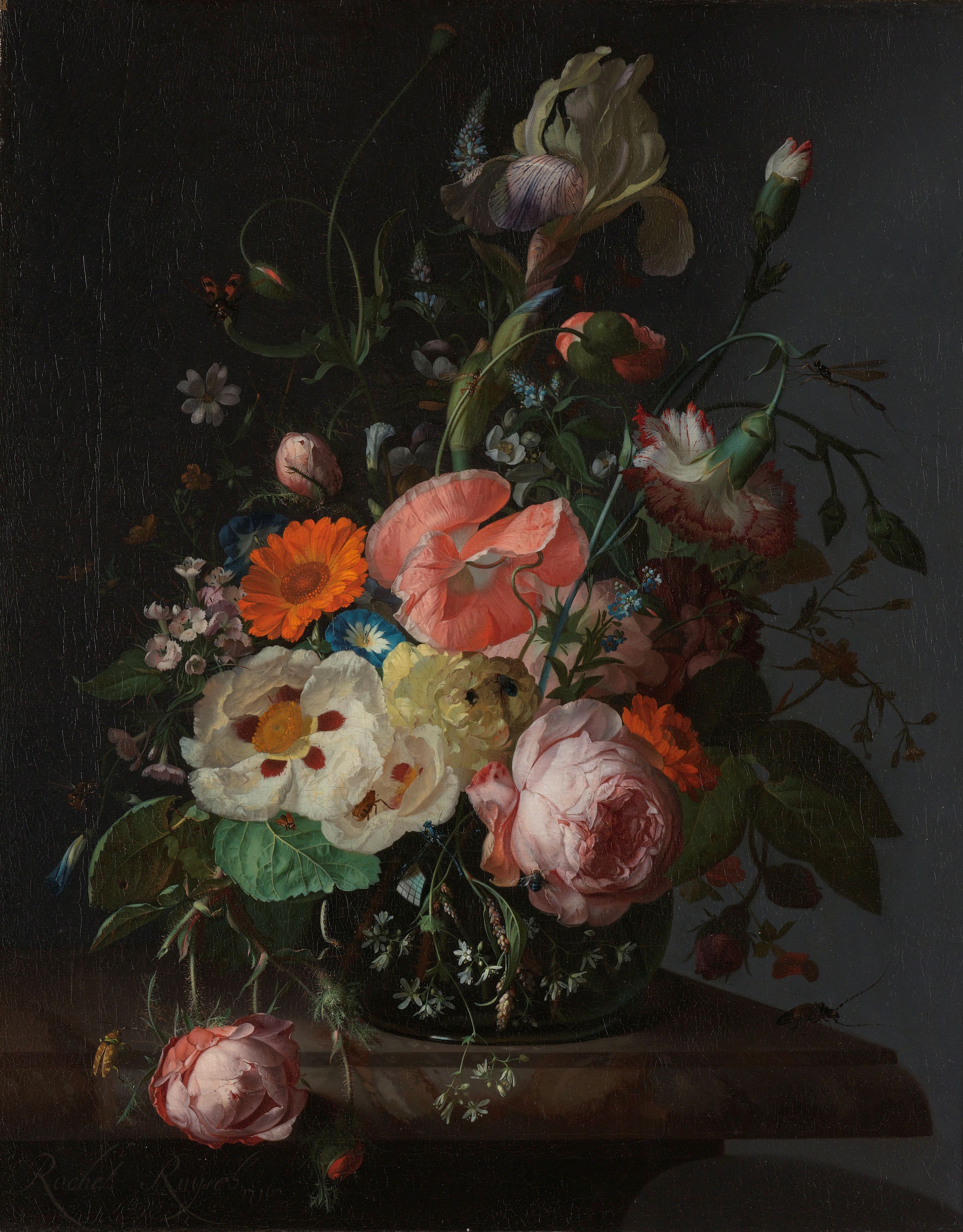 A floral still life, with the arrangement placed on a marble table or ledge. The colors are bright and varied, with the flowers spilling out of the vase and extending beyond the edges of the table. The background is a dark, neutral color that fades to lighter gray on the right edge of the canvas.
