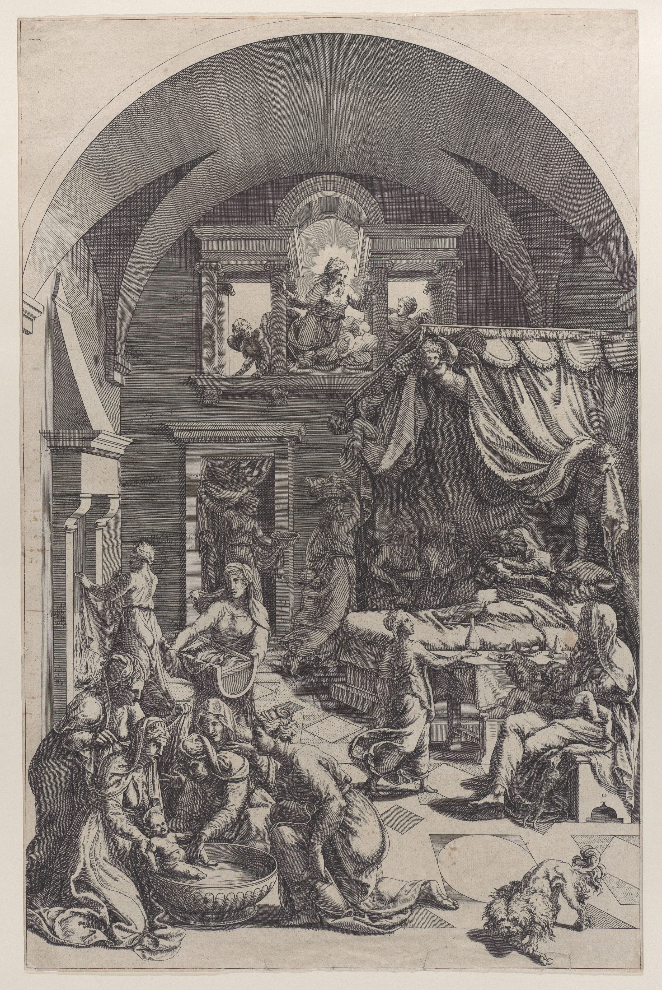 A printed image of a room, filled with people who are attending to various tasks. The primary figure group is at the bottom left of the image, where a group of five woman are bathing the infant Saint John the Baptist in a large vessel. The infant is nude and there is a halo at his head. The room is grand, with classical architecture, and a large window near the ceiling at center where God and two angels look down at the scene.