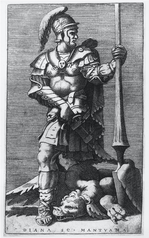 A printed image of a Saint George in a full suit of armor, standing over the dragon that he has just slayed. He holds a large staff in one hand and a sword in the other. He looks off to the right triumphantly. The artist has inscribed her name at the bottom of the print.