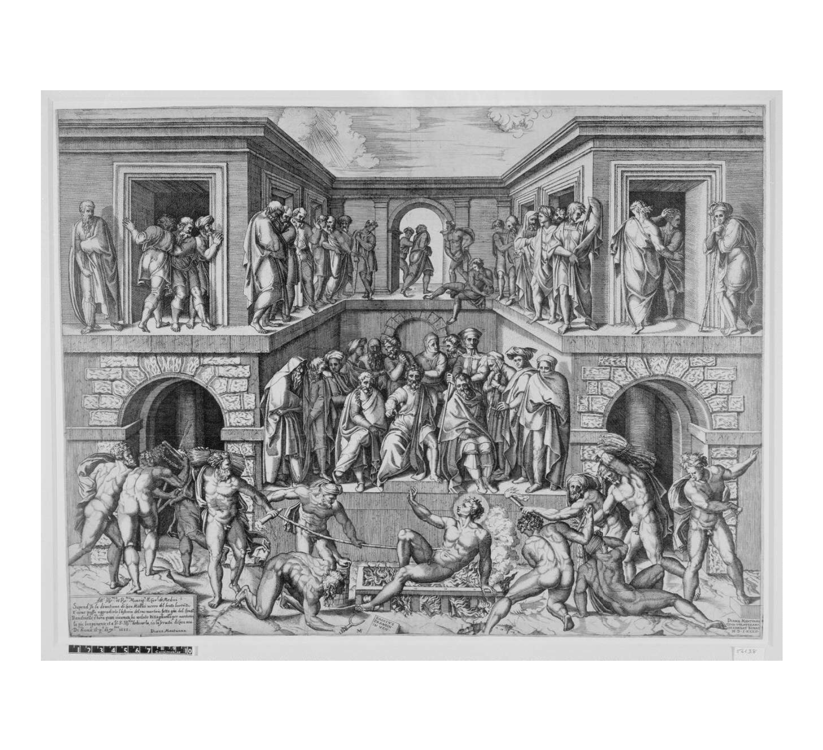 A printed image of a building with two levels, open over a courtyard. Both levels are filled with figures. At the bottom level center, Saint Lawrence appears nude, sitting on a bed of hot coals. He is nude with a halo around his head, and he reaches up towards the seated Roman Emperor with one outstretched hand. 