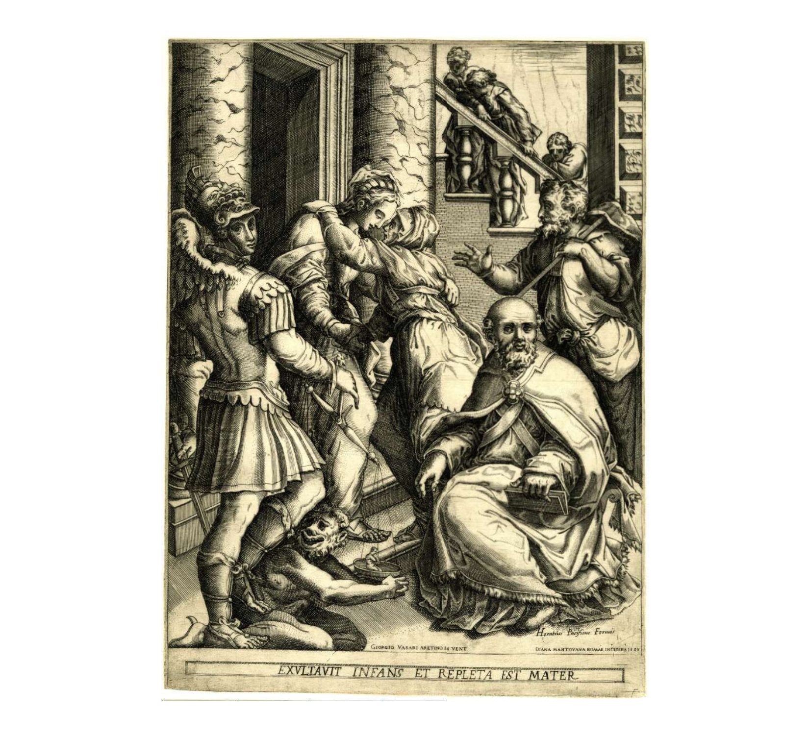 The primary figure group in this printed image consists of five figures, with two women embracing at the center. An older man is seated holding a book, while an angel in a suit of armor stands next to the women, looking over his shoulder directly at the viewer. Other man reaches towards the two women with one hand. Behind them, there are three figures on a staircase who are crying and comforting one another.