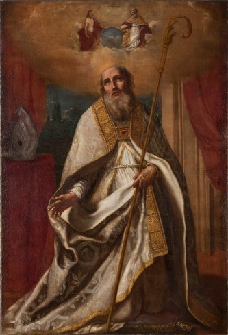 An image of a saint, who appears as an old man in elaborate ecclesiastical robes, holding a staff. He looks up to the clouds above him, where two God the Father and the Son appear, each with a hand on a globe. There is a hat on the table behind the saint, and red curtains on either side of the composition.