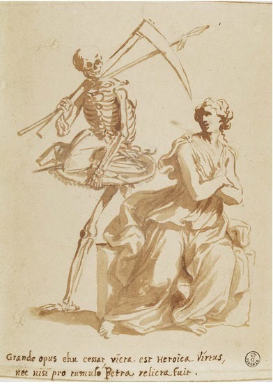 A brown ink drawing of a woman, cowering in fear as a skeleton representing Death walks behind her holding a scythe and a spear. She is dressed in a classicized costume and crosses her arms in front of her, turning away from the figure of Death. There is an inscription below the drawing.