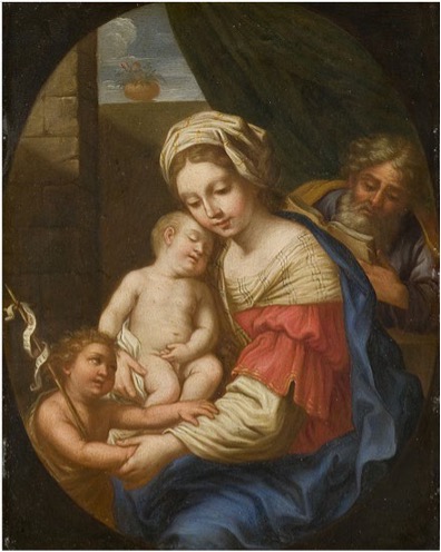 An oval image of the Holy Family, with the Virgin Mary holding the Infant Jesus close to her, while the Infant Saint John the Baptist reaches out to hold her hand and arm. Joseph appears behind them, reading a book. Both infants are nude, and Mary wears a white and pink dress, with a blue cloth wrapped around her and a white scarf in her hair.