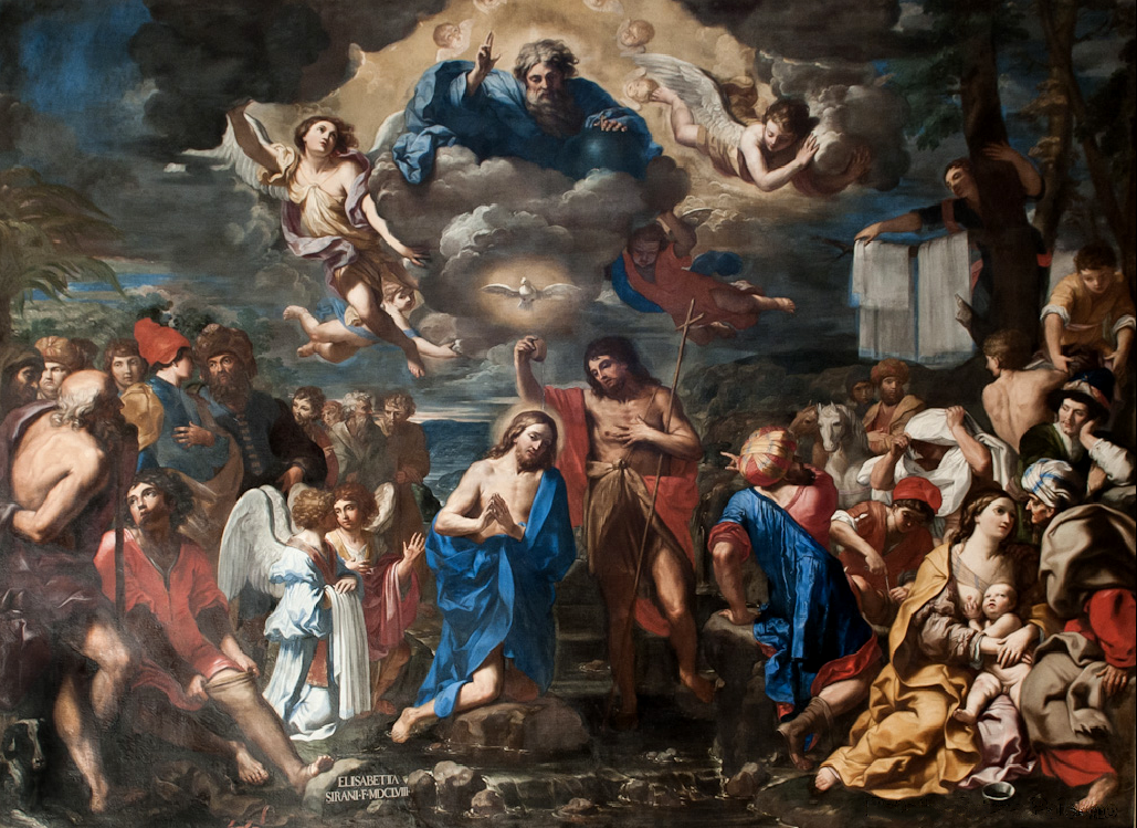 An image of Christ being baptized as an adult, with Saint John the Baptist standing alongside him as Jesus kneels on a rock by a body of water. A dove and an image of God appear above the two men, with God appearing from the clouds, surrounded by angels. The composition is filled with other figures, most of whom are not looking at the two central figures.