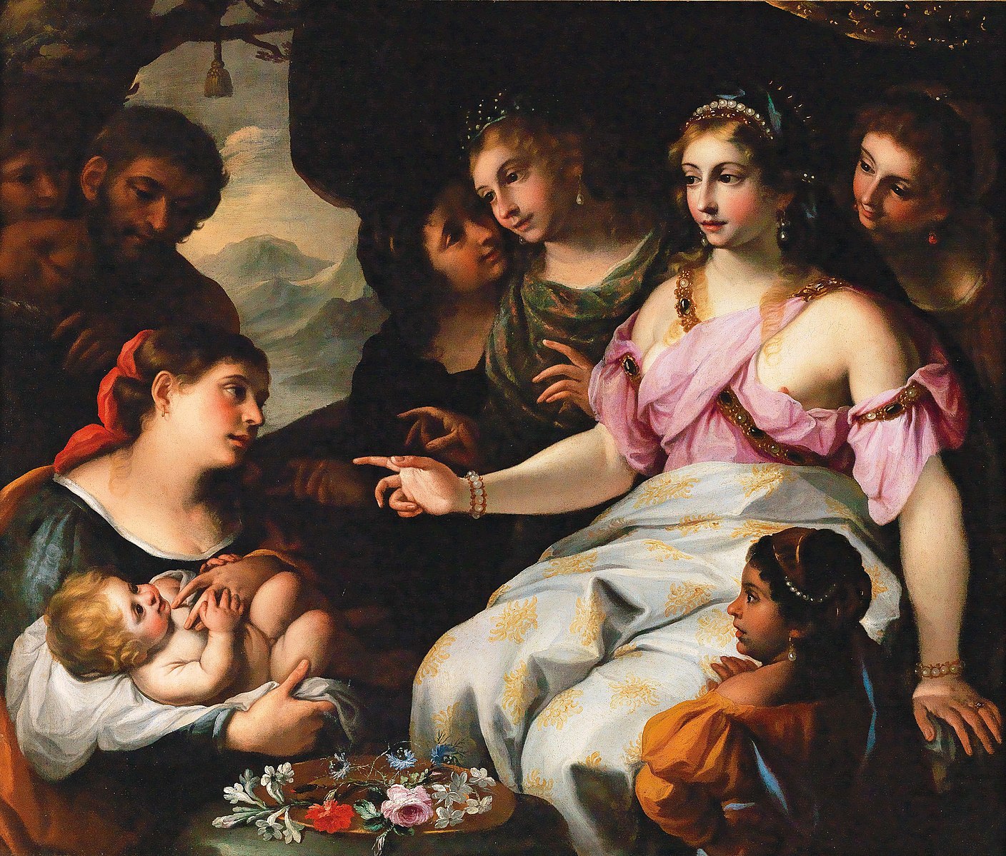 The main figure is a young woman, who sits with four other young women surrounding her. Another woman is kneeled in front of her, presenting a nude infant that is partially wrapped in a white cloth. The central figure points to the woman with her right hand. Alongside the infant, there is a tray with several flowers. Behind the woman holding the infant, there are two additional figures. 