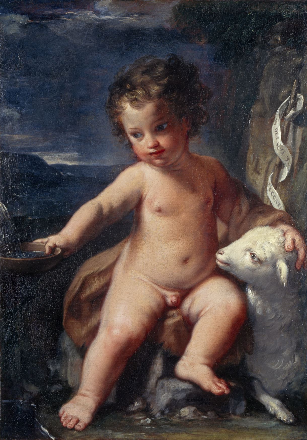 A nude Infant Saint John the Baptist fills the composition, sitting on a rock alongside a lamb. He holds a small dish that he is filling with water. He has large, expressive eyes and brown curls. He looks intently at the dish, seemingly unaware of the viewer. He rests one hand on the lamb’s head.