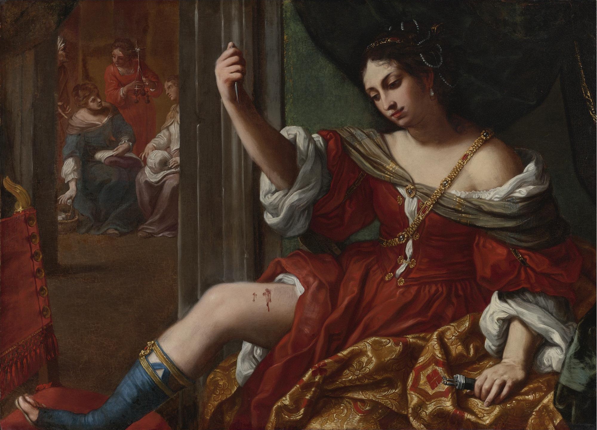A young woman is seated in an elaborate red and gold dress, embellished with jewels. Her dress is pulled up to expose her right leg and she holds up right hand up. She is stabbing her thigh with a small blade, leaving bleeding wounds on her leg. Through the doorway behind her, we can see three women in the next room having a conversation. They seem unaware of what is happening with the young women in the red and gold dress.