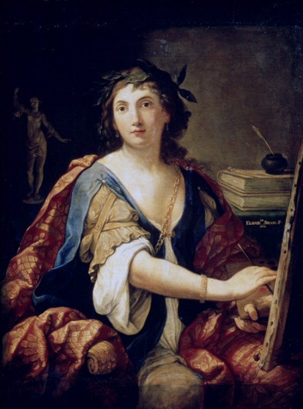 A self-portrait of the artist, seated at an easel and holding a palette in one hand and a brush in the other. She is looking directly at the viewer, with her brush touching the canvas as though she is painting the viewer. She is wearing an elaborate costume made of lush blue, gold, and red fabric and she wears a laurel crown in her hair. On the table behind her there is an ink well with a quill, several books, and a sculptural model of a figure. 