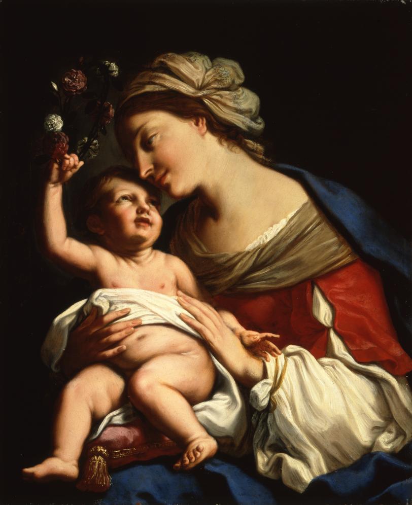 A half-length image of the Virgin Mary, dressed in a cream and red dress, with a blue shawl around her shoulder. She holds the Infant Jesus in her lap, seated on a pink pillow. The Infant holds a crown of flowers in his right hand and lifts it up to place on her head. They look at each other with love and devotion.