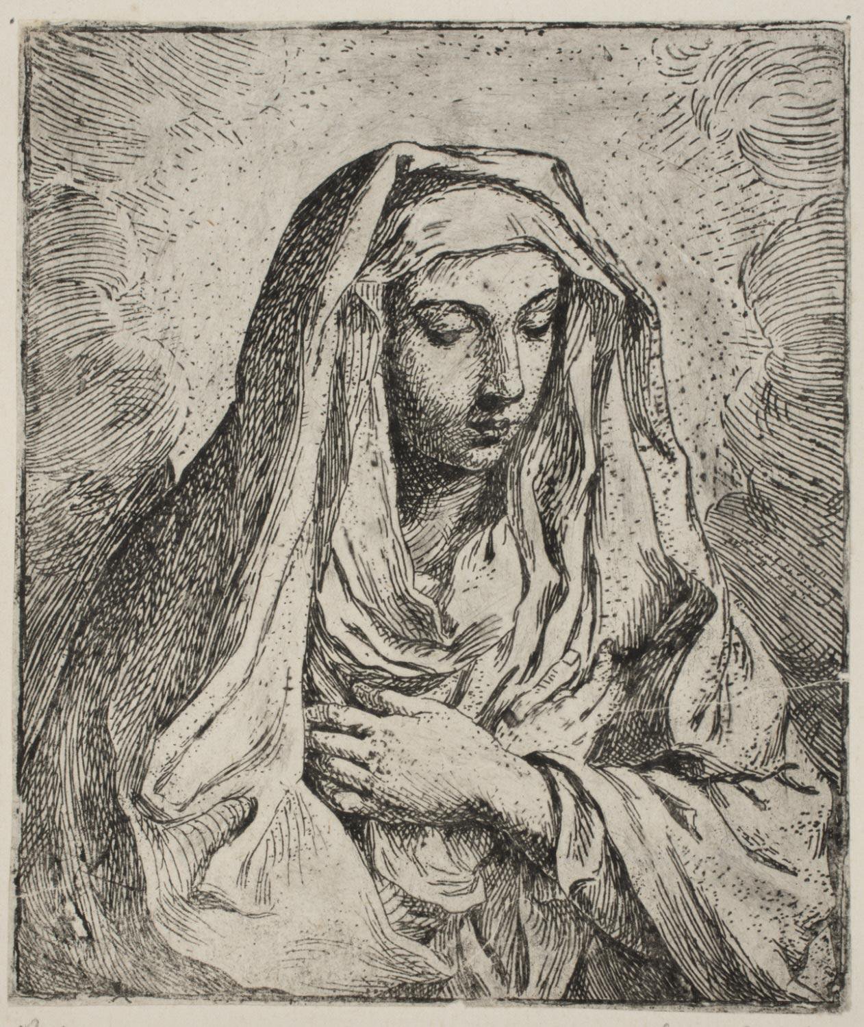 A bust-length, printed image of the Virgin Mary. She is draped in a shawl and crosses her arms at the wrist across her chest. She looks down with her eyes closed, as though lost in thought or prayer. Behind her, the rough illusion of clouds fills the background. 