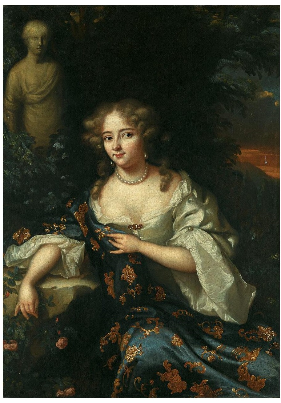 A portrait of a woman facing the viewer but looking off to her right with a slight smile. She is elegantly dress and holds a swath of dark blue fabric embellished with a floral design to her chest with her left hand. There is lush greenery behind her, with a classical statue of a figure.  
