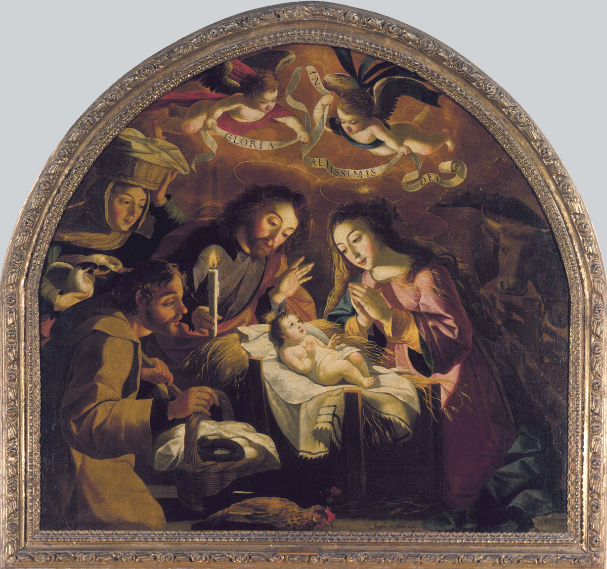 A painting of the infant Jesus in the manger, surrounded by Mary and Joseph with two putti figures above him holding a banner. There are two other figures, a man and a woman, at left, attending to him. Joseph holds a candle while Mary holds her hands clasped in prayer, both looking down at the infant. The painted is arched at the top and surrounded with a gilded frame. 