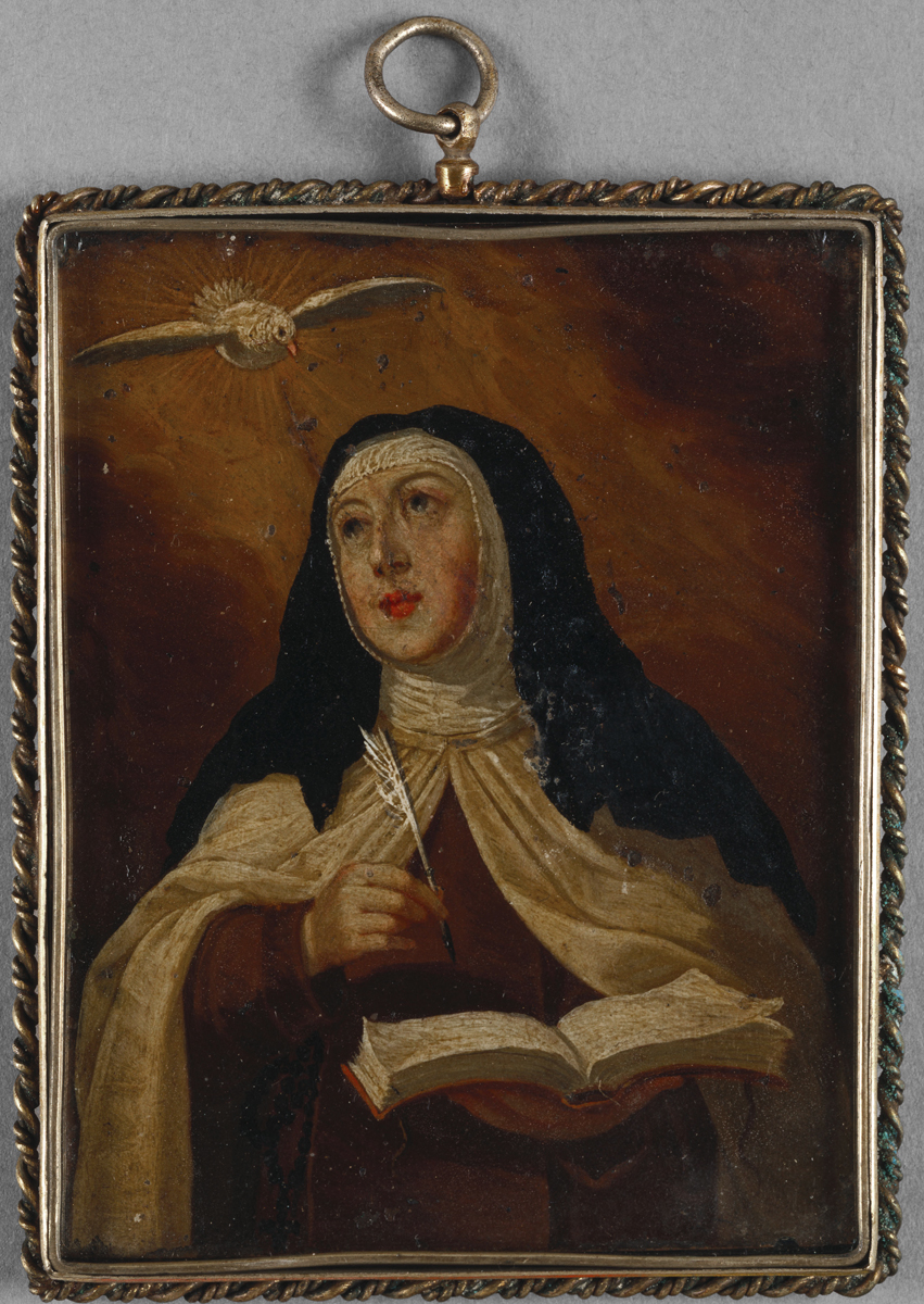 A rectangular portrait miniature of a nun, shown at half length. She holds open a book with a feathered quill poised above the page. She looks up and to her right, where a dove is flying overhead. The portrait miniature is set in simple frame with a cabled edge. 