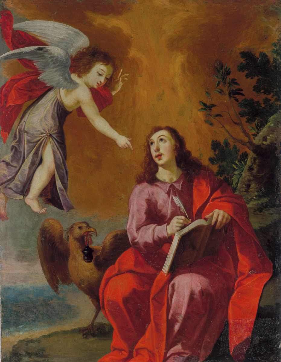 A man wearing red robes is seated outdoors, writing in a book. He looks up at the angel who floats above him, pointing at the page. Behind the two figures, a large bird of prey holds an ink pot on a red cord in its mouth.  